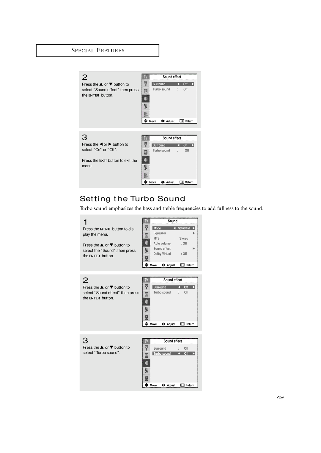 Samsung TX-N2668WH Setting the Turbo Sound, Press the or button to select Turbo sound, Surround œ Off √, Surround œ On √ 