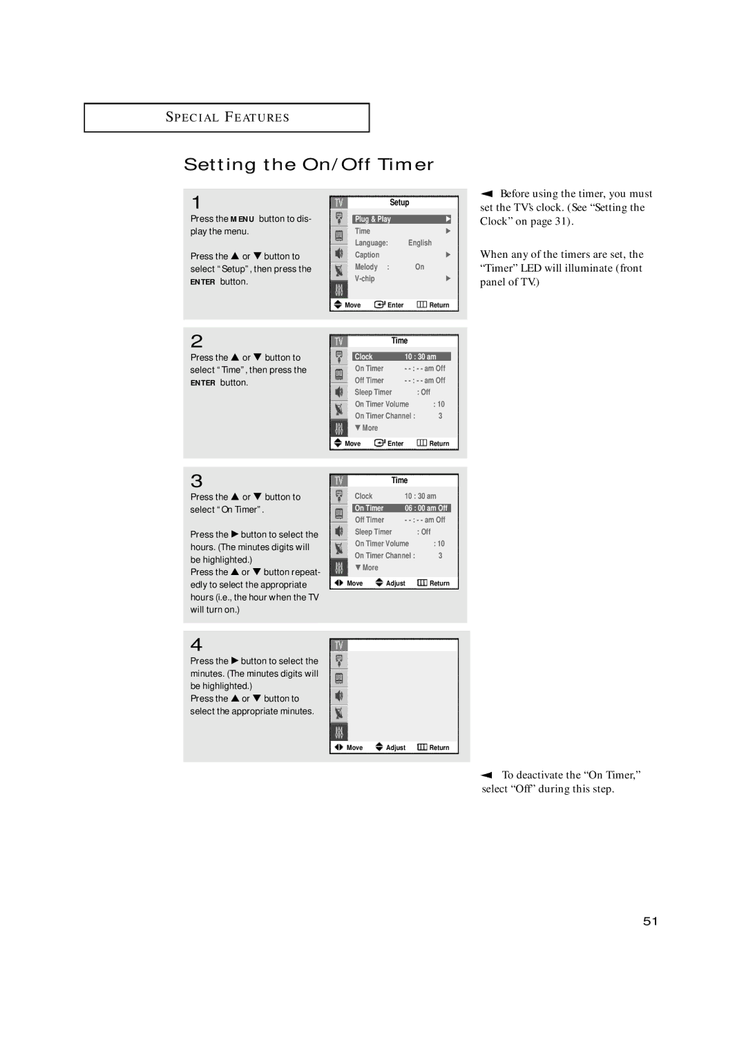 Samsung TX-N2668WH manual Setting the On/Off Timer, Press the √ button to select On or Off, On Timer 