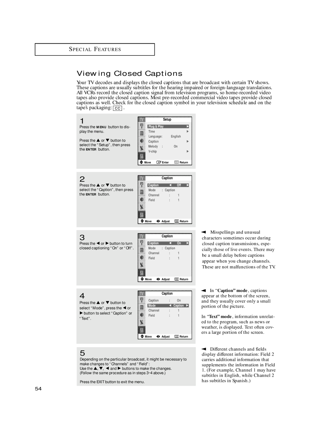 Samsung TX-N2668WH manual Viewing Closed Captions, √ button to select Caption or Text, Caption œ Off √, Caption œ On √ 