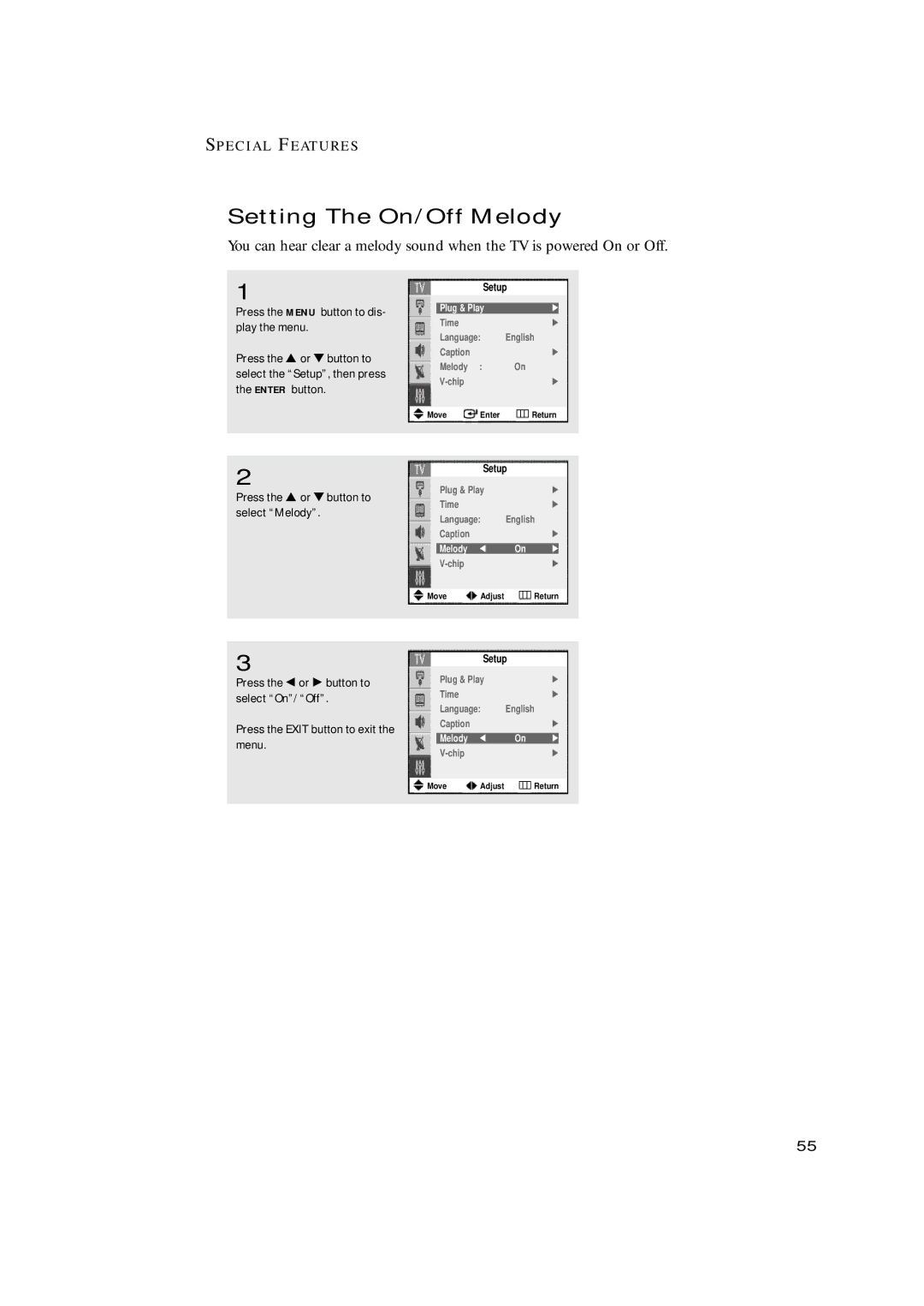 Samsung TX-N2668WH manual Setting The On/Off Melody, Melody œ 