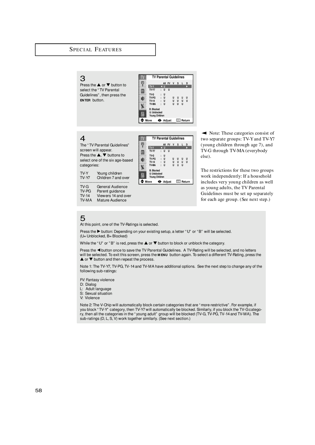 Samsung TX-N2668WH manual Parent guidance, TV-14, Mature Audience 