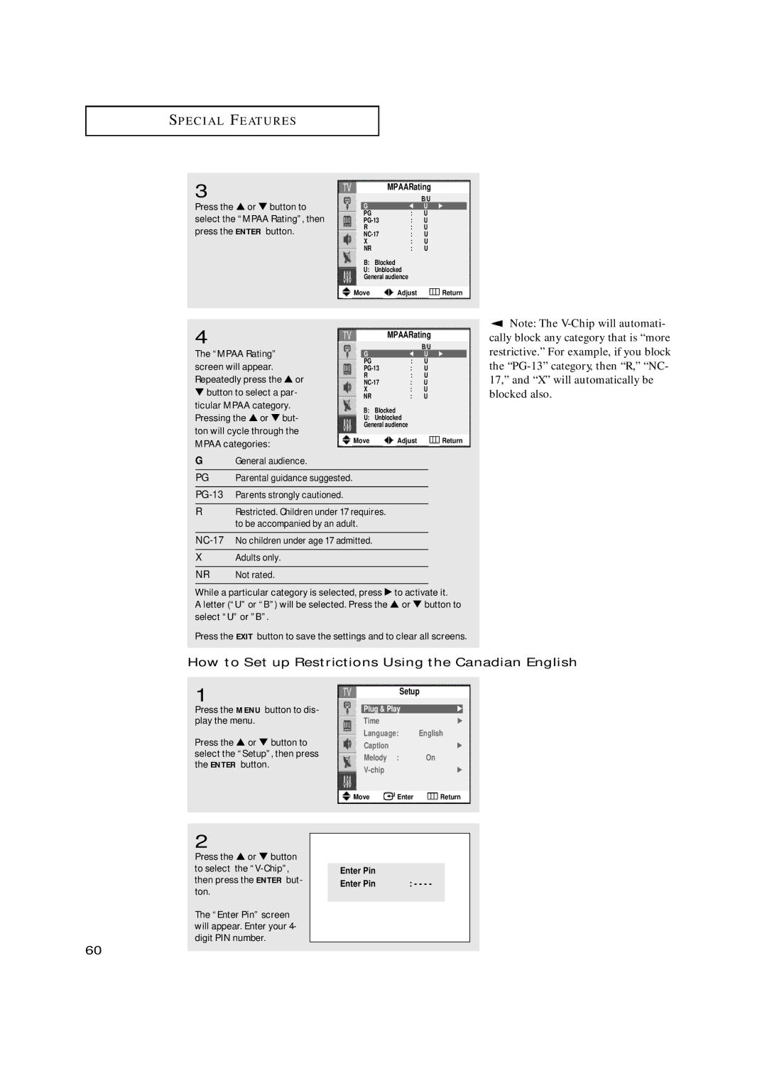 Samsung TX-N2668WH manual How to Set up Restrictions Using the Canadian English 