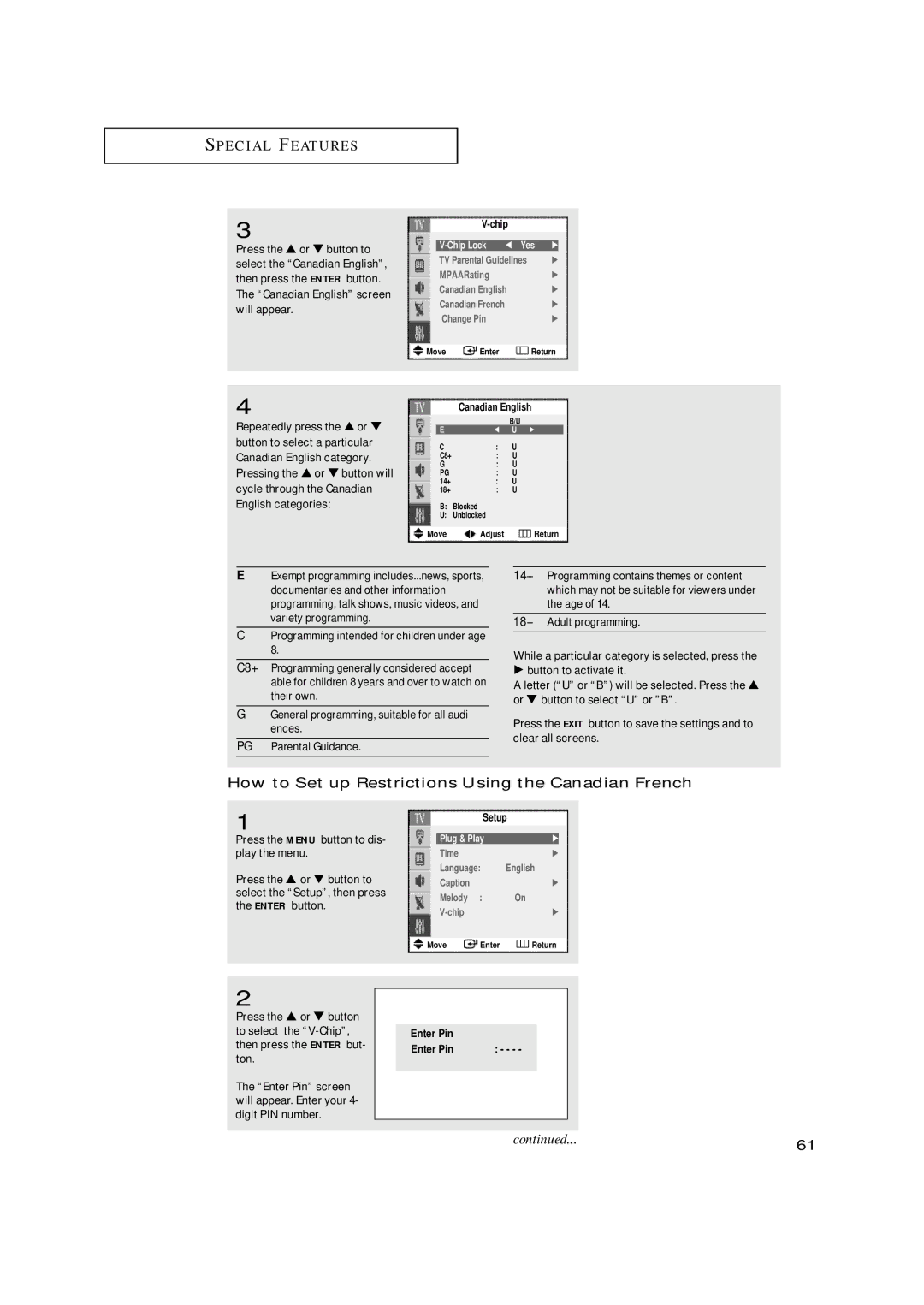 Samsung TX-N2668WH manual How to Set up Restrictions Using the Canadian French, Chip Lock œ Yes √ 