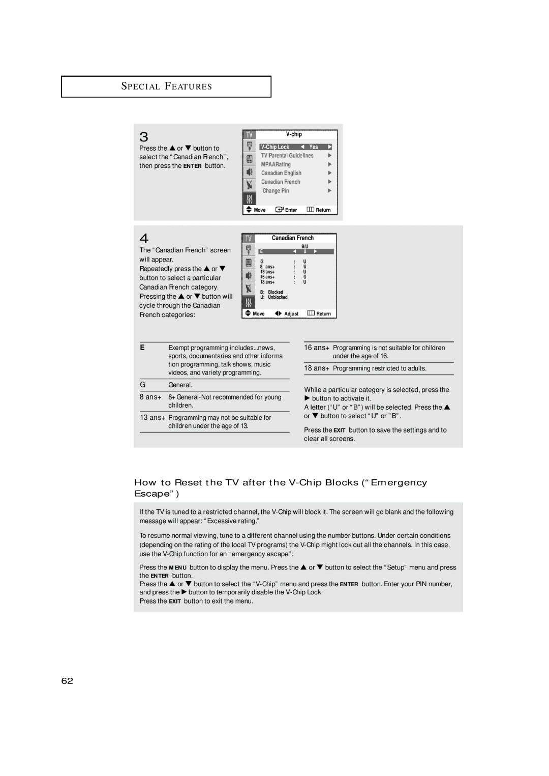 Samsung TX-N2668WH manual Canadian French screen will appear, General Ans+ 8+ General-Not recommended for young children 