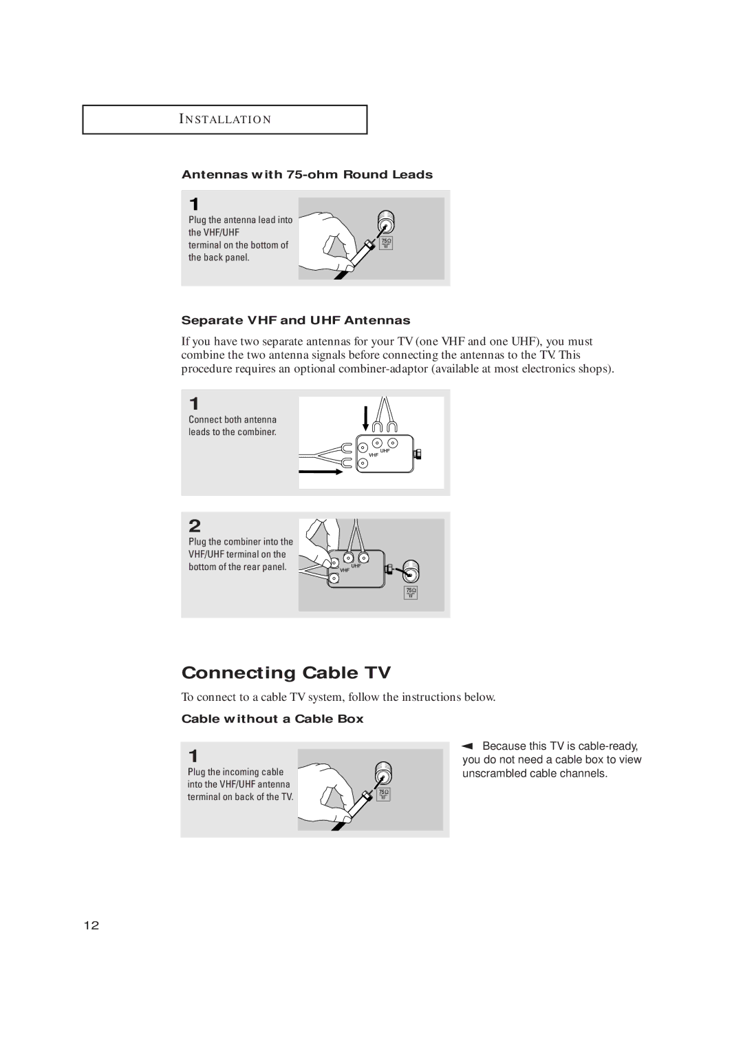 Samsung TX P1634 manual Connecting Cable TV, Antennas with 75-ohm Round Leads, Separate VHF and UHF Antennas 