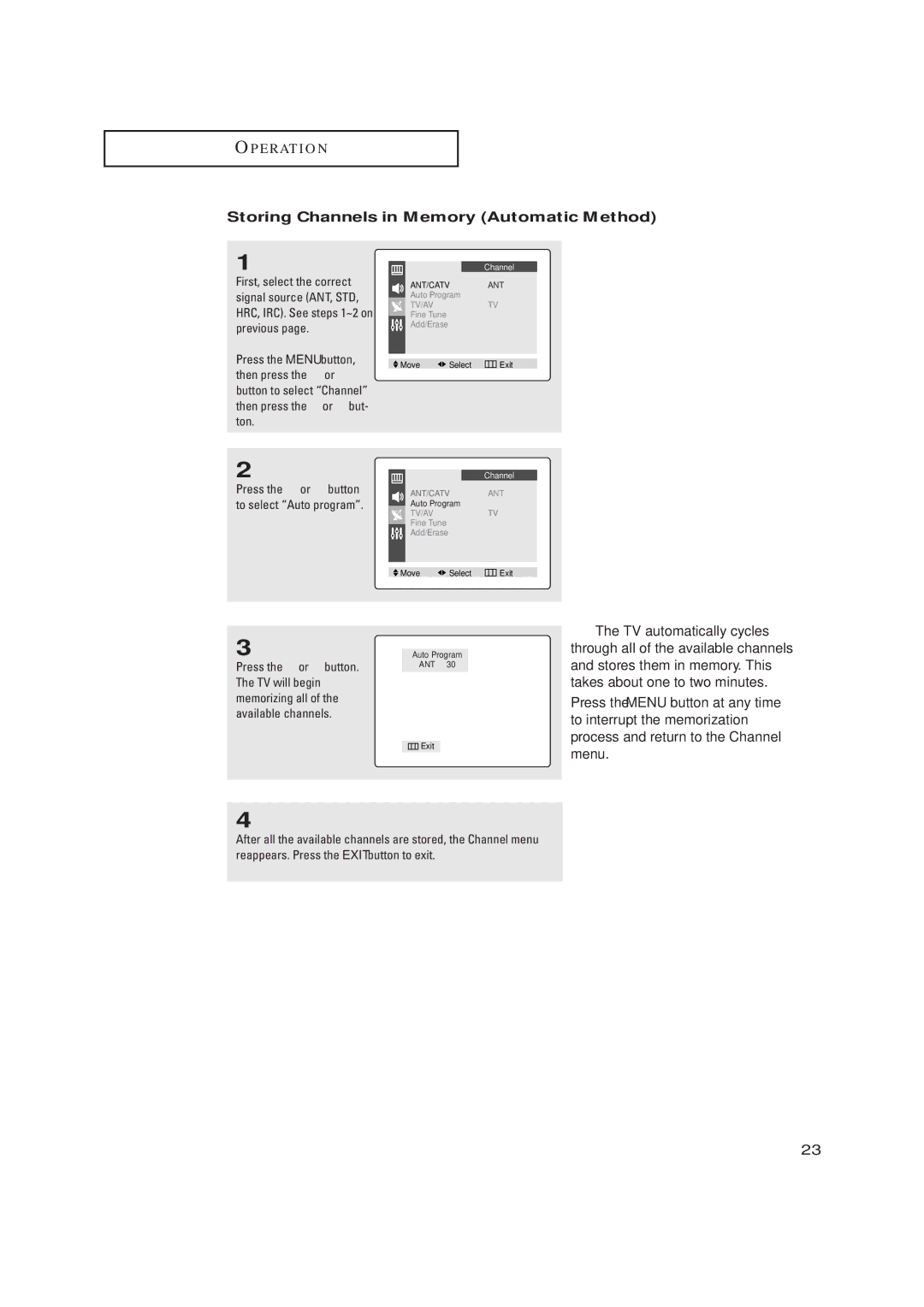 Samsung TX-P2028, TX-P2030, TX-P2034, TX-P2036, TX-P1430, TX-P1634, TX P1634 Storing Channels in Memory Automatic Method 