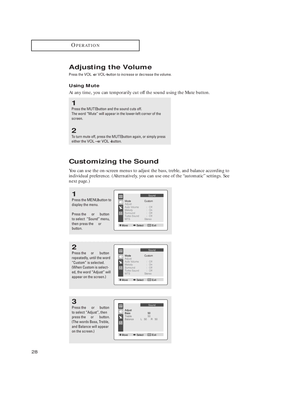 Samsung TX P1634 manual Adjusting the Volume, Customizing the Sound, Using Mute 