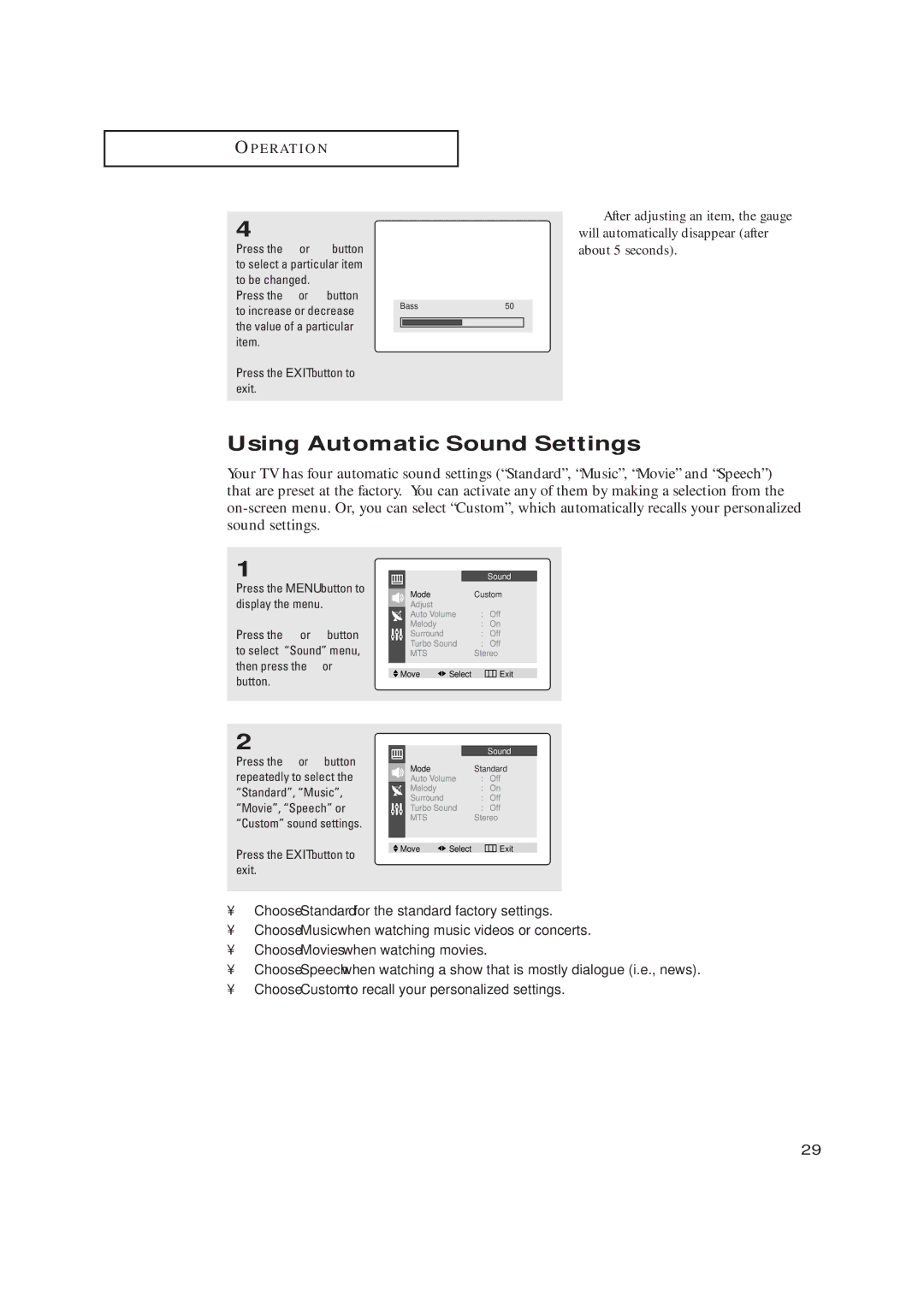 Samsung TX-P2028, TX-P2030, TX-P2034, TX-P2036, TX-P1430, TX-P1634 Using Automatic Sound Settings, Press the ˇ or ˆ button 