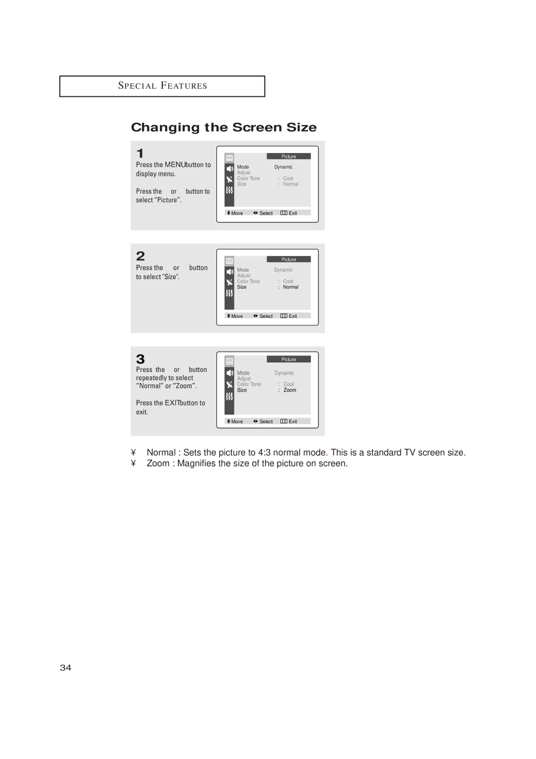 Samsung TX P1634, TX-P2028, TX-P2030, TX-P2034, TX-P2036, TX-P1430, TX-P1634 manual Changing the Screen Size 