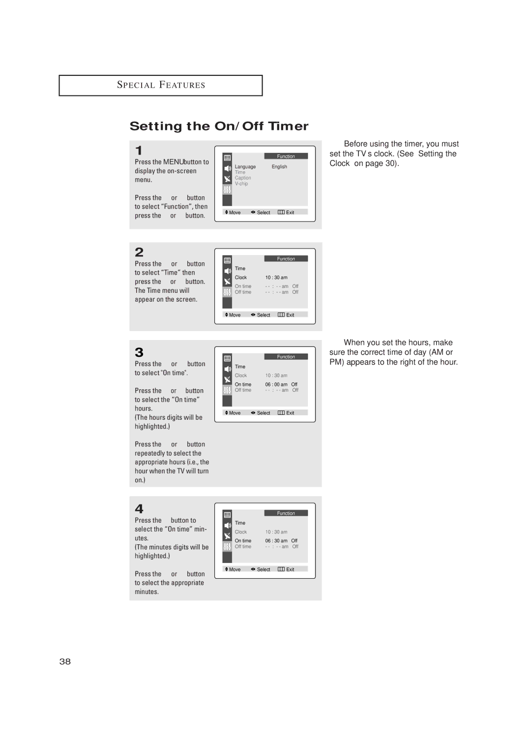 Samsung TX P1634 manual Setting the On/Off Timer, PM appears to the right of the hour 