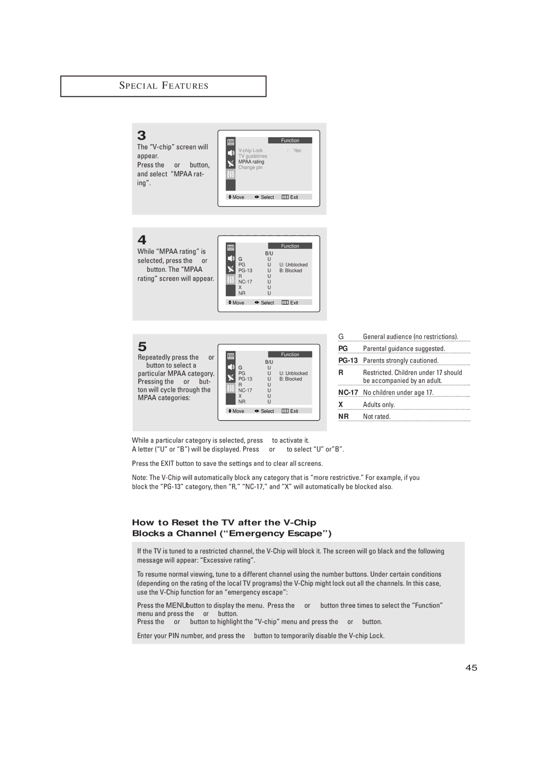 Samsung TX-P2028, TX-P2030, TX-P2034, TX-P2036, TX-P1430, TX-P1634, TX P1634 manual Appear, Select Mpaa rat- ing 