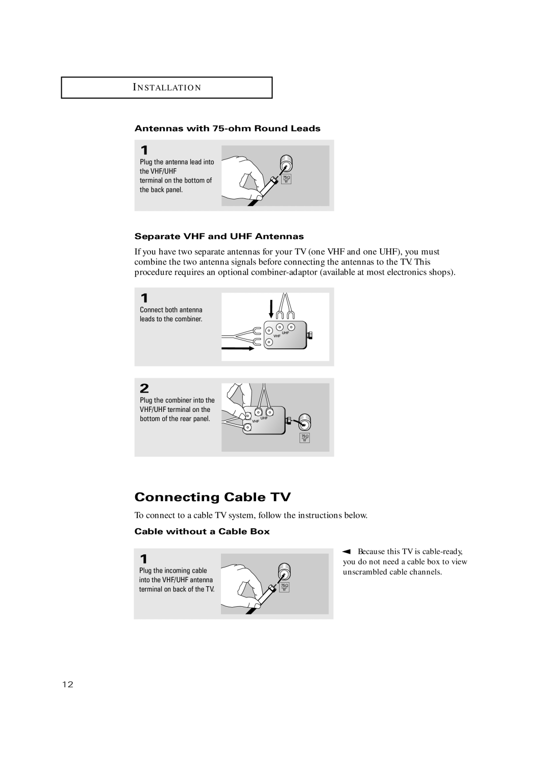 Samsung TX P2030, TX P2034, TX P2036 Connecting Cable TV, Antennas with 75-ohm Round Leads, Separate VHF and UHF Antennas 