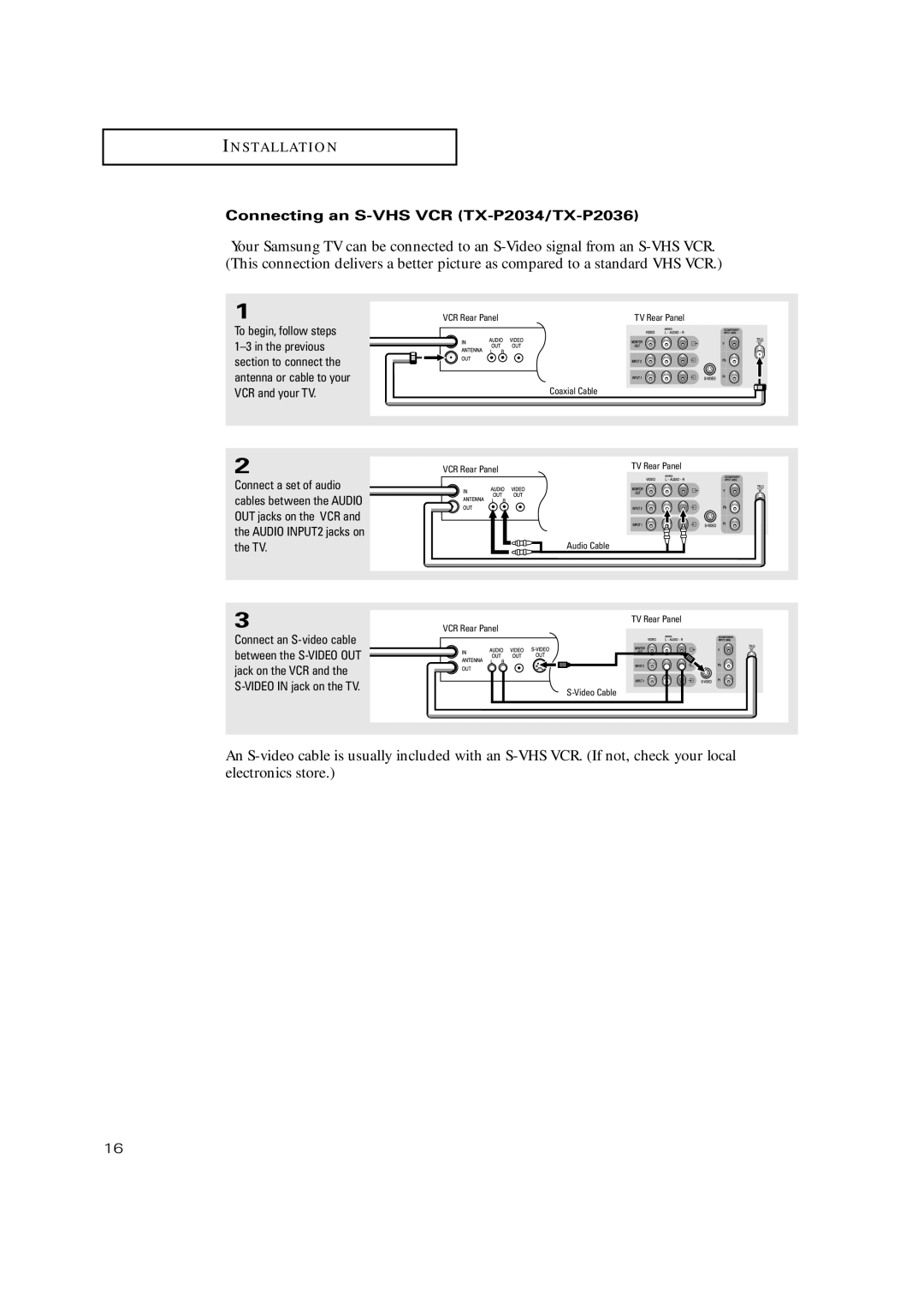 Samsung TX P2030, TX P2034, TX P2036, TX-P2028, TX-P2030, TX-P2034, TX-P2036 manual Connecting an S-VHS VCR TX-P2034/TX-P2036 