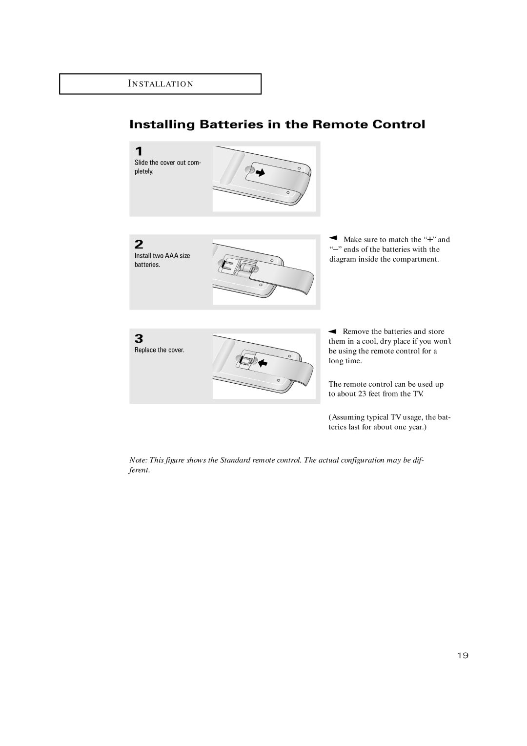 Samsung TX-P2028, TX-P2030, TX-P2034, TX-P2036, TX P2030, TX P2034, TX P2036 manual Installing Batteries in the Remote Control 