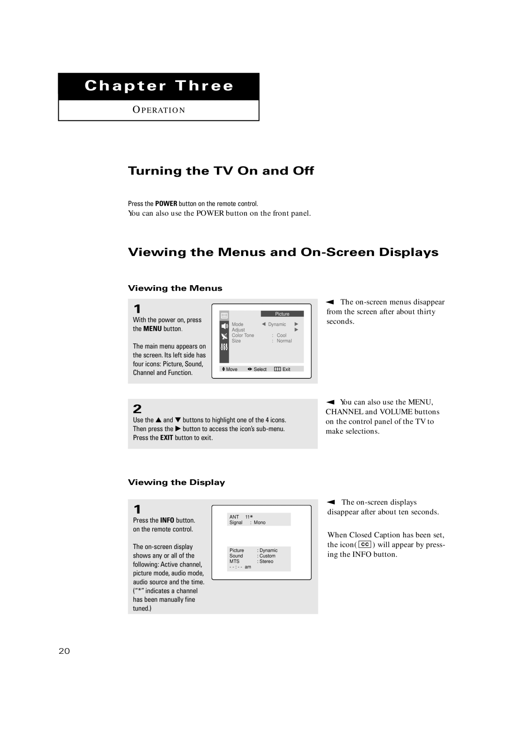 Samsung TX P2030, TX P2034 manual Turning the TV On and Off, Viewing the Menus and On-Screen Displays, Viewing the Display 