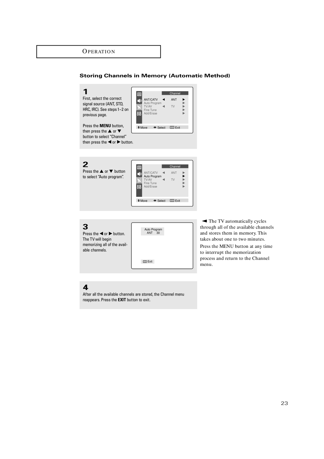 Samsung TX-P2028, TX-P2030, TX-P2034, TX-P2036 Storing Channels in Memory Automatic Method, First, select the correct 