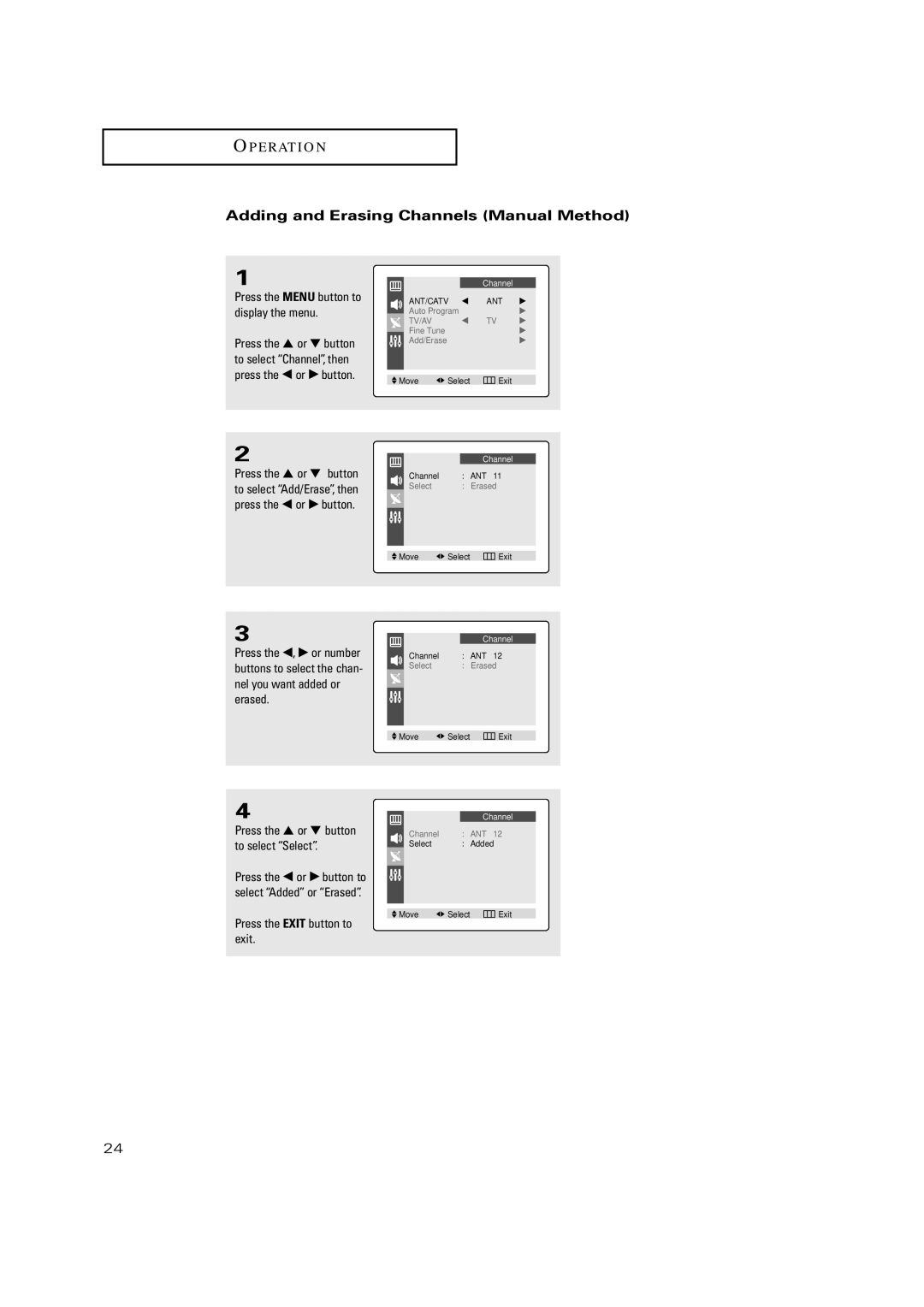 Samsung TX P2030, TX P2034, TX P2036, TX-P2028, TX-P2030, TX-P2034, TX-P2036 manual Adding and Erasing Channels Manual Method 