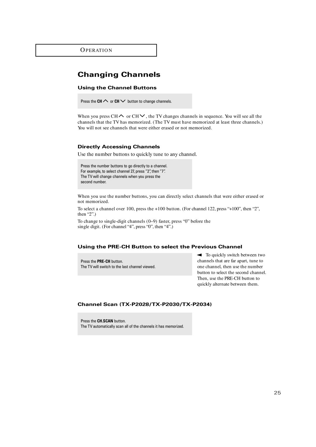 Samsung TX P2034, TX P2030, TX P2036 manual Changing Channels, Using the Channel Buttons, Directly Accessing Channels 