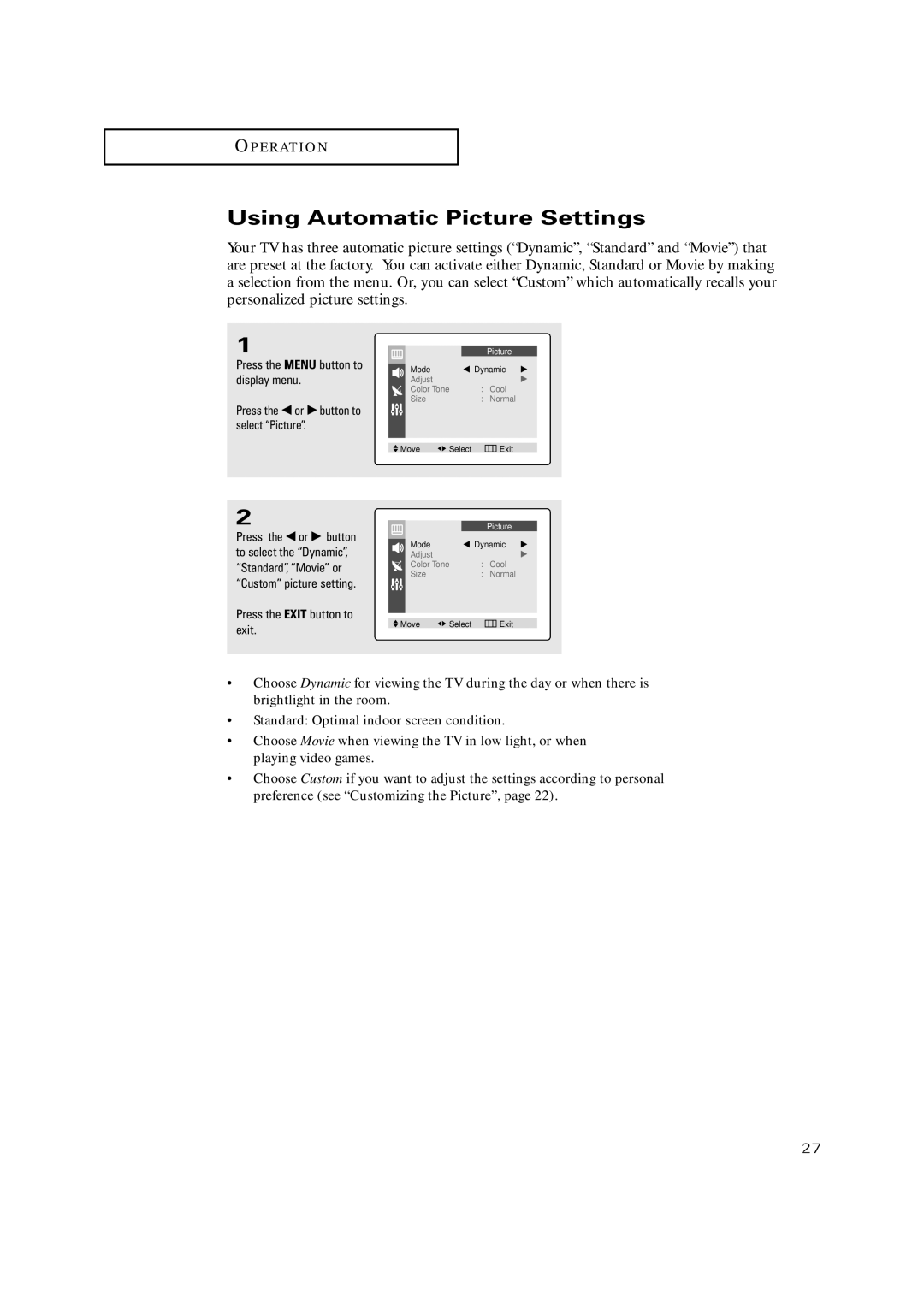 Samsung TX-P2028, TX-P2030, TX-P2034, TX-P2036, TX P2030, TX P2034, TX P2036 manual Using Automatic Picture Settings 