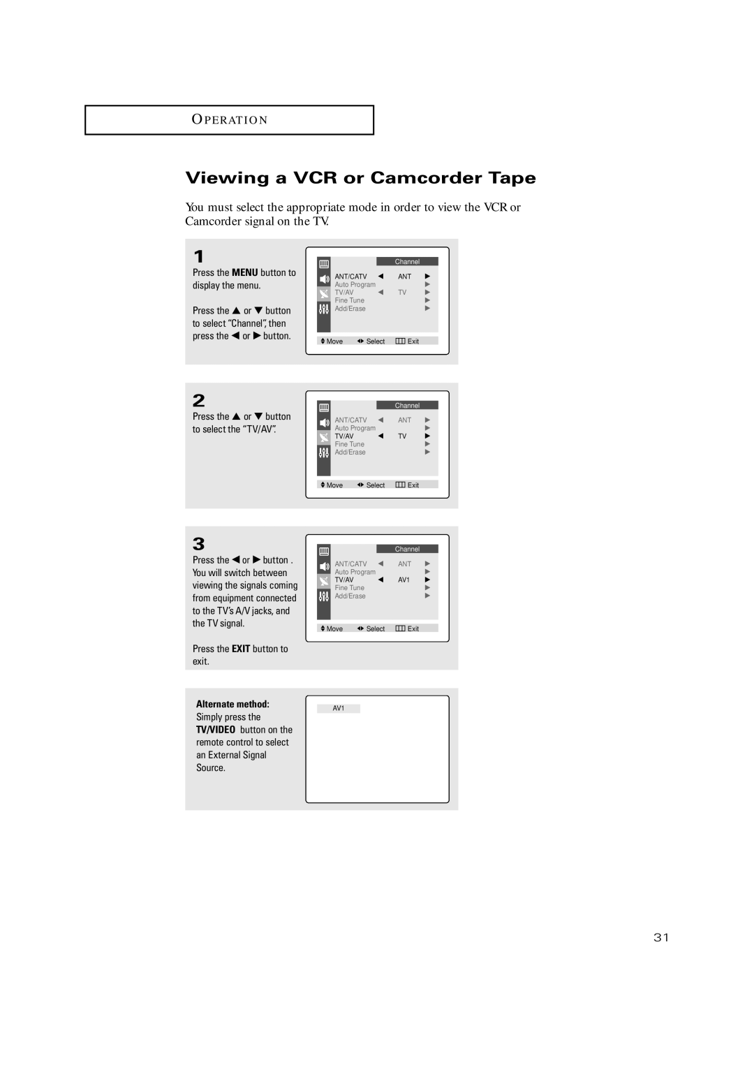 Samsung TX-P2028, TX-P2030, TX-P2034, TX-P2036, TX P2030, TX P2034, TX P2036 manual Viewing a VCR or Camcorder Tape 