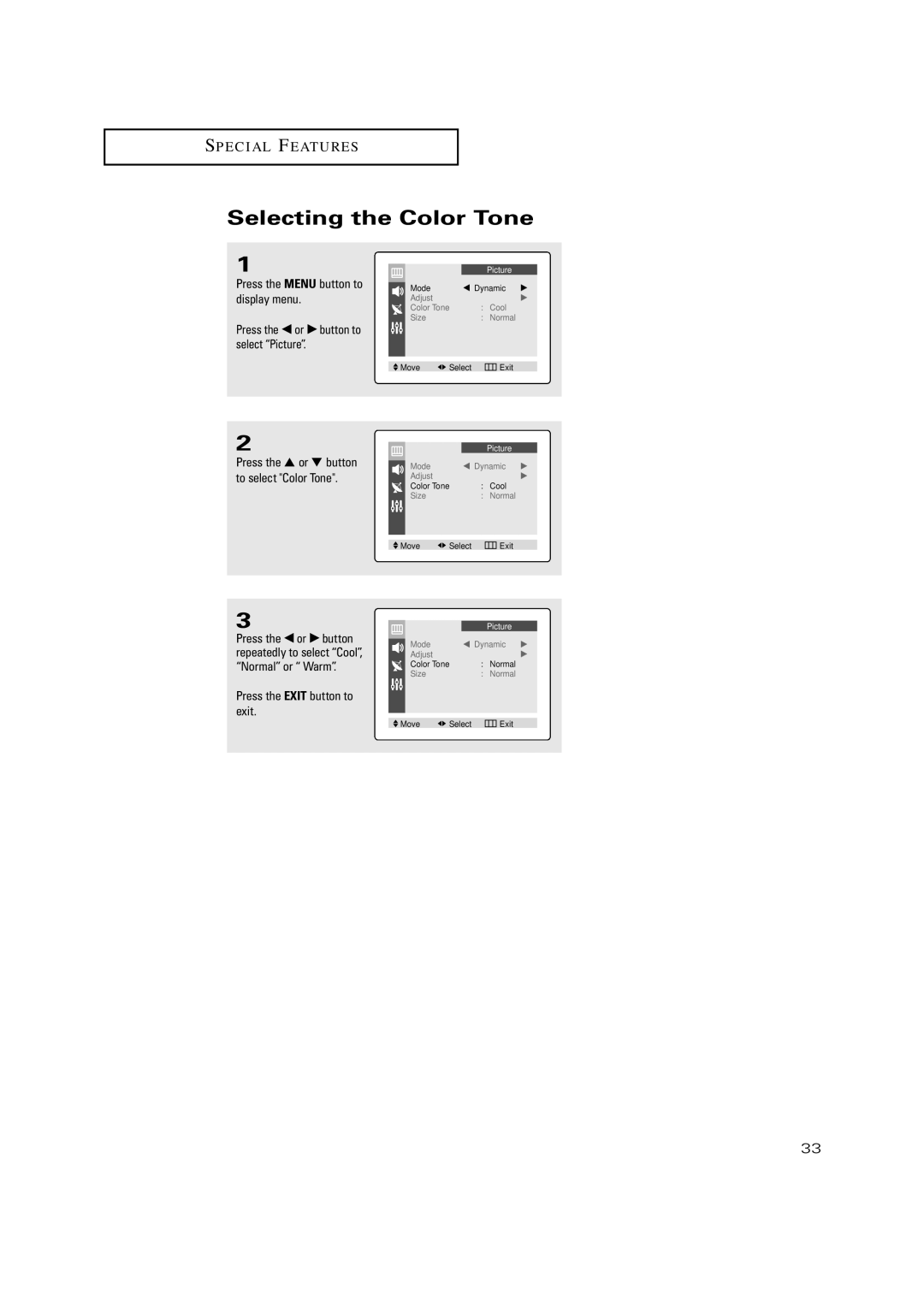 Samsung TX P2034, TX P2030, TX P2036 manual Selecting the Color Tone, Press the or button to select Color Tone 