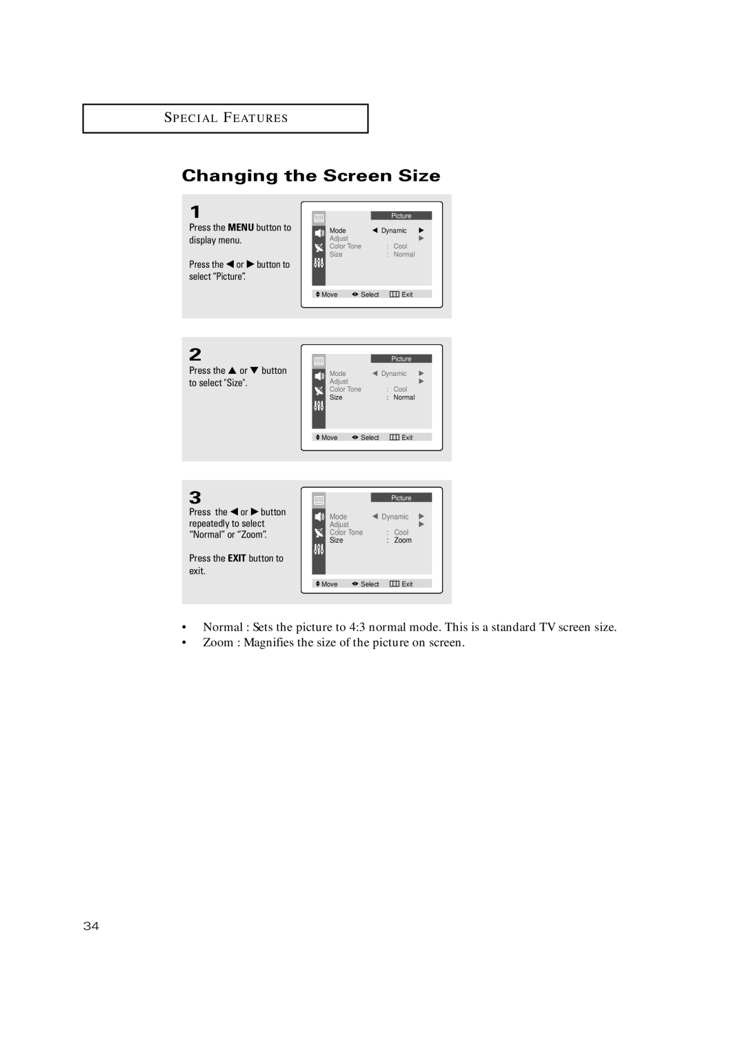 Samsung TX P2036, TX P2030, TX P2034, TX-P2028, TX-P2030, TX-P2034, TX-P2036 manual Changing the Screen Size 