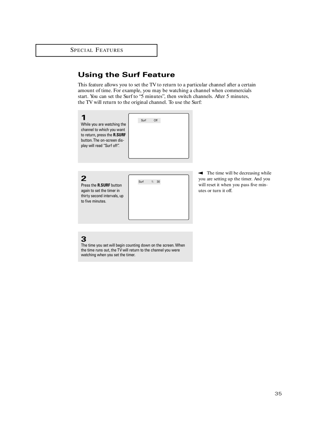 Samsung TX-P2028, TX-P2030, TX-P2034, TX-P2036, TX P2030, TX P2034, TX P2036 manual Using the Surf Feature 