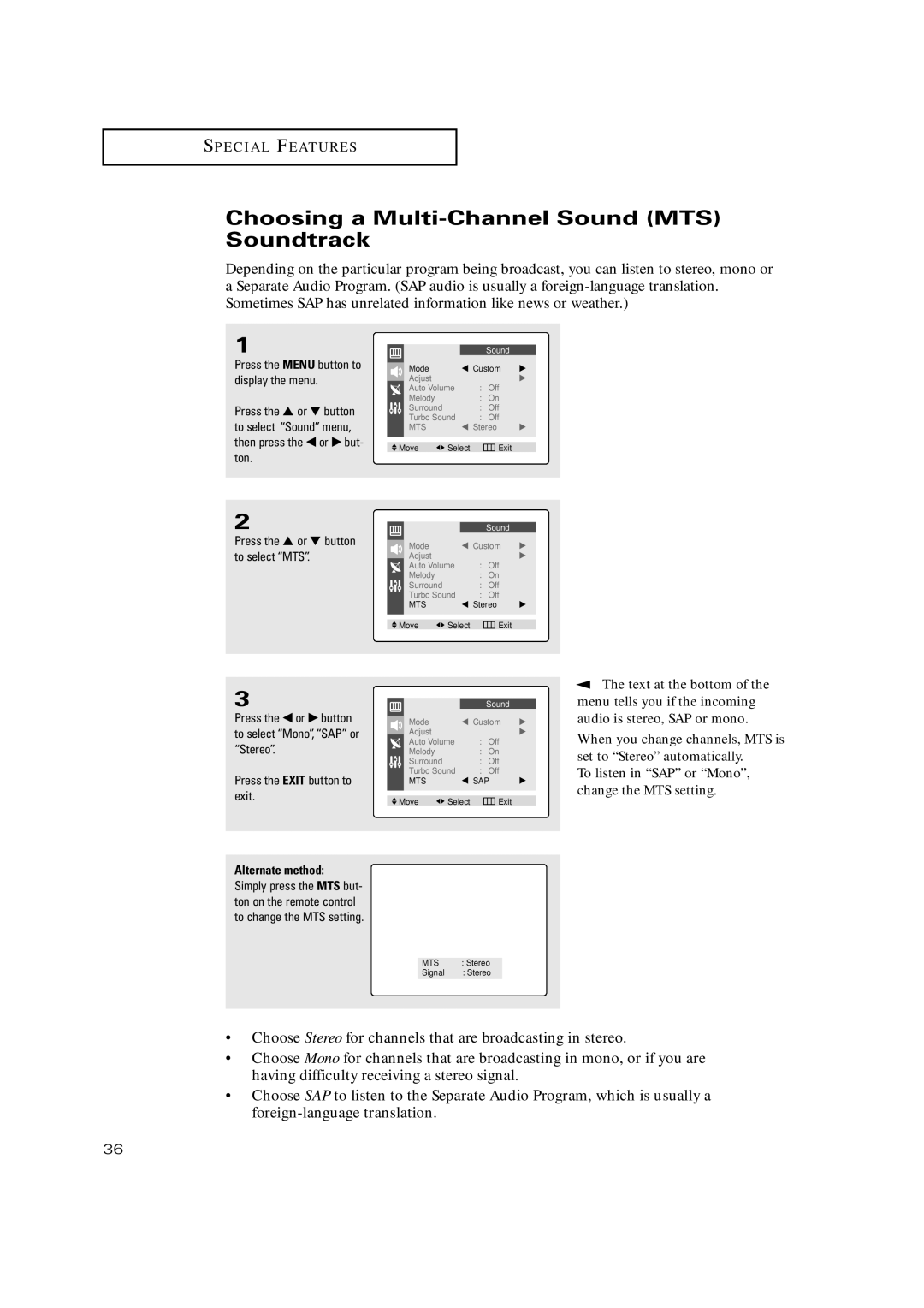 Samsung TX P2030, TX P2034, TX P2036, TX-P2028, TX-P2030, TX-P2034, TX-P2036 Choosing a Multi-Channel Sound MTS Soundtrack 