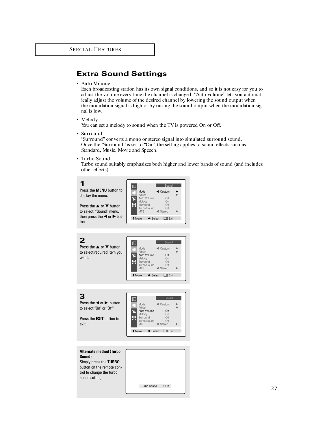 Samsung TX P2034, TX P2030, TX P2036, TX-P2028, TX-P2030, TX-P2034, TX-P2036 manual Extra Sound Settings, Auto Volume 