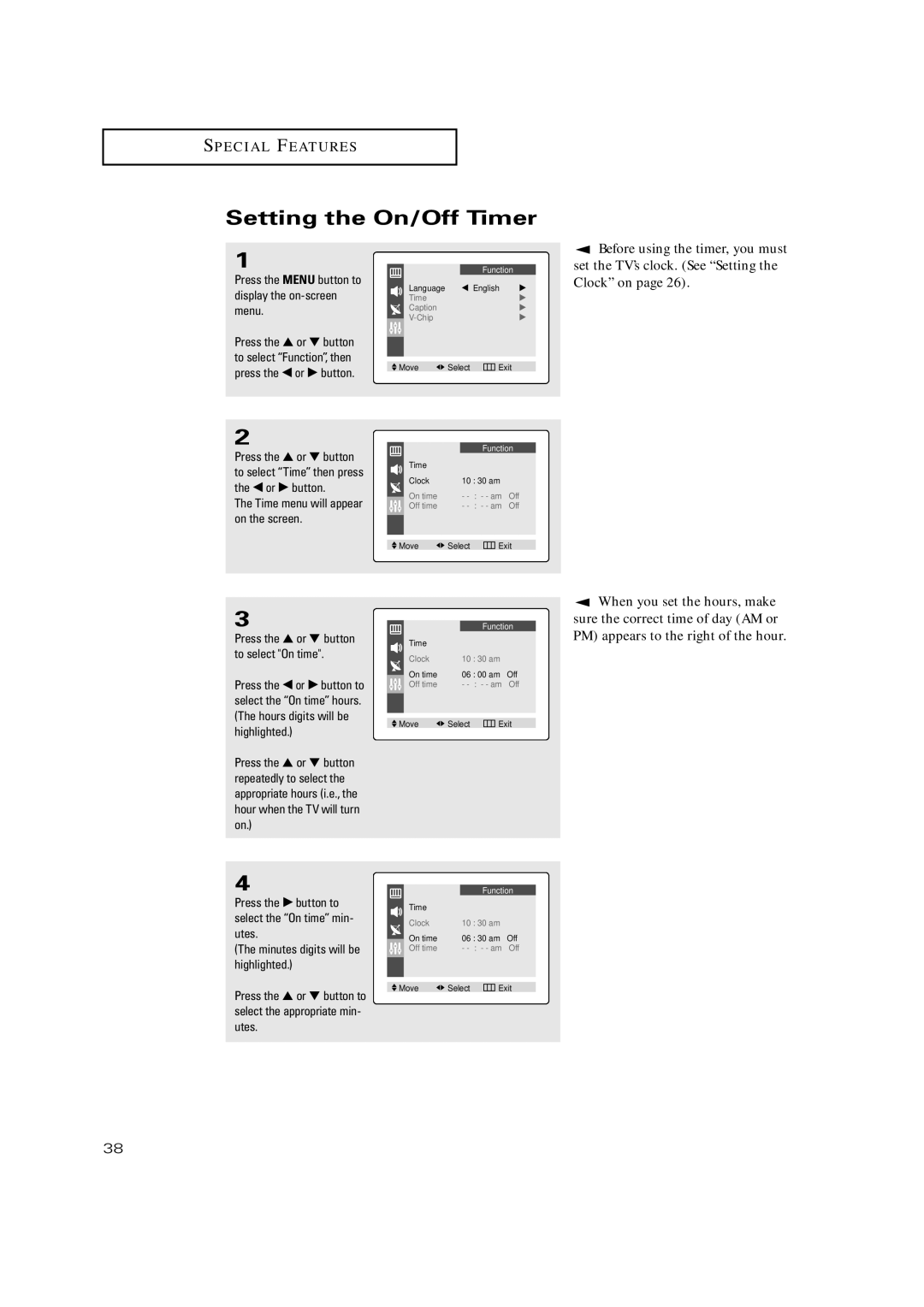 Samsung TX P2036, TX P2030, TX P2034 manual Setting the On/Off Timer, Time menu will appear on the screen 