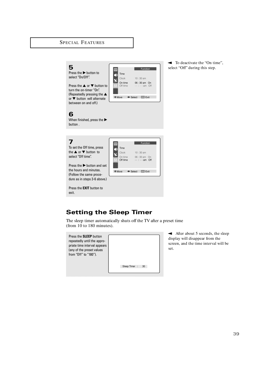 Samsung TX-P2028, TX-P2030, TX-P2034, TX-P2036 manual Setting the Sleep Timer, Or button will alternate, Between on and off 