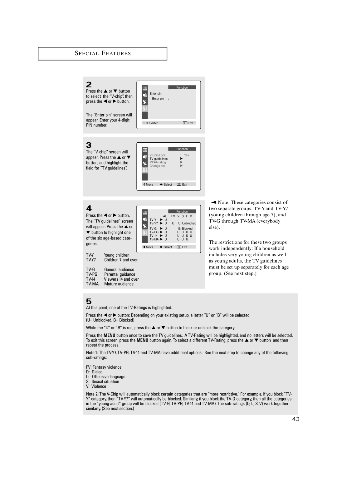 Samsung TX-P2028, TX-P2030, TX-P2034, TX-P2036 Press the or button, To select the V-chip, then, TV-14, Mature audience 