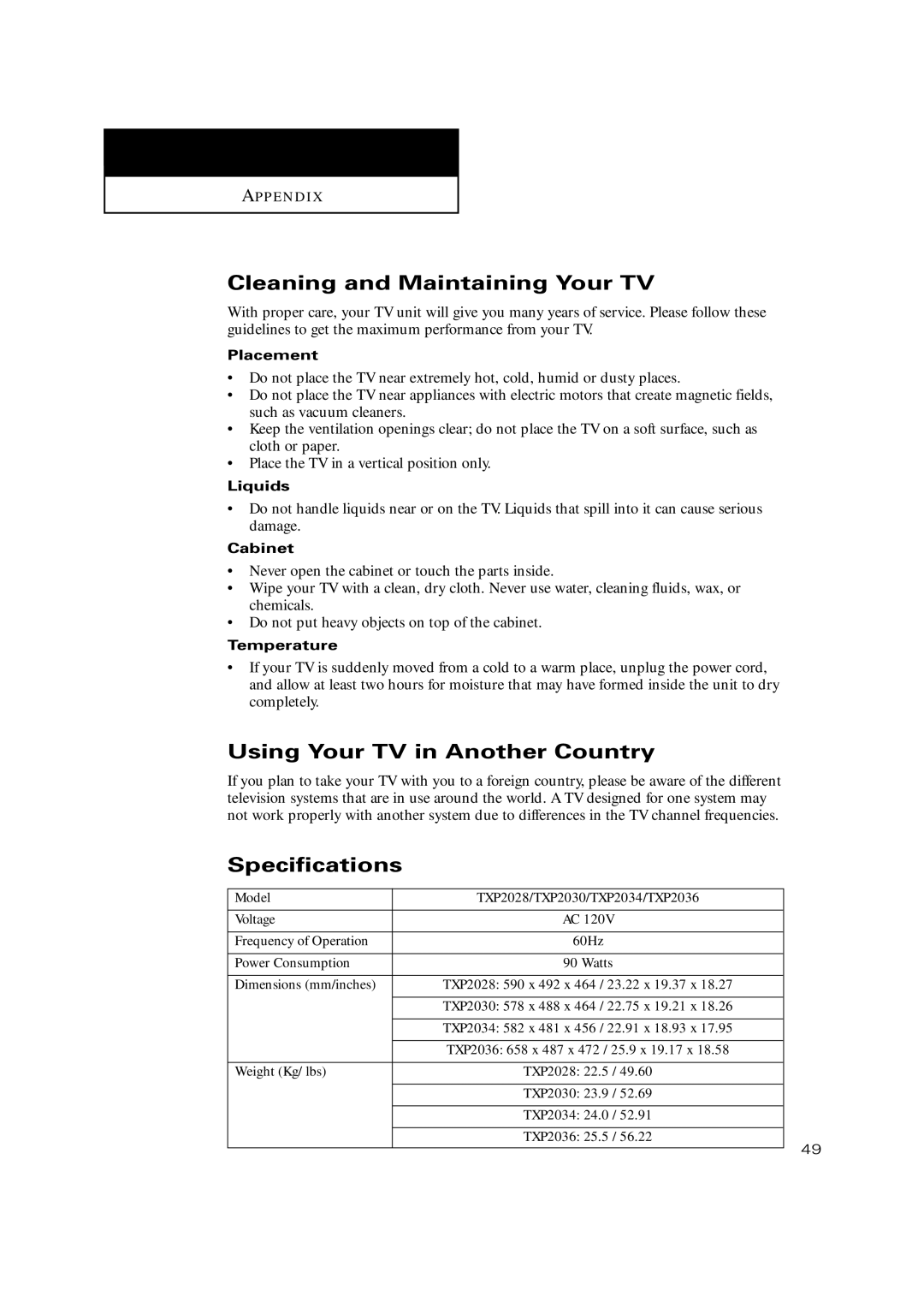 Samsung TX P2034, TX P2030, TX P2036 Cleaning and Maintaining Your TV, Using Your TV in Another Country, Specifications 