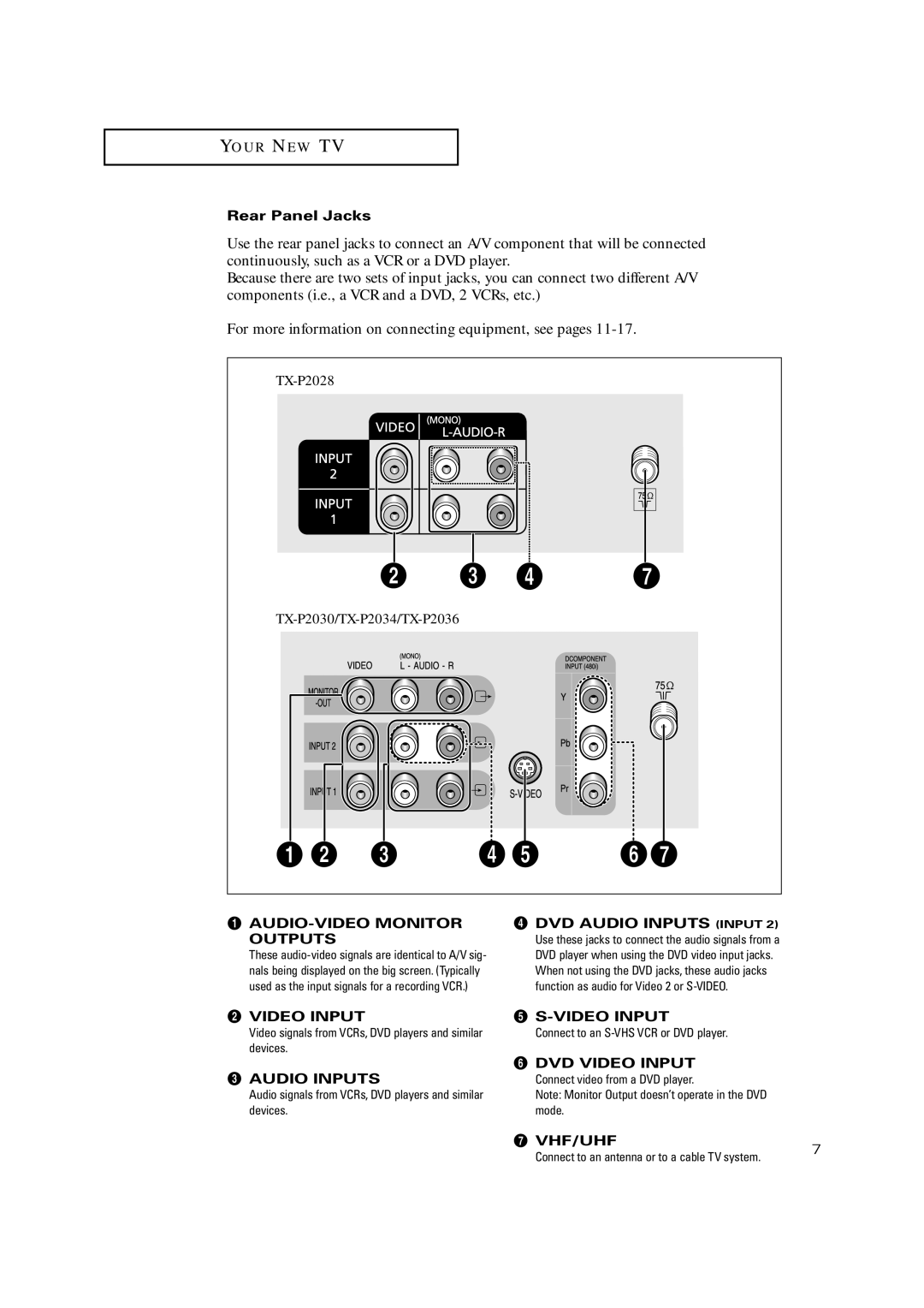 Samsung TX-P2028, TX-P2030, TX-P2034, TX-P2036, TX P2030, TX P2034, TX P2036 Rear Panel Jacks, Audio Inputs, Video Input 