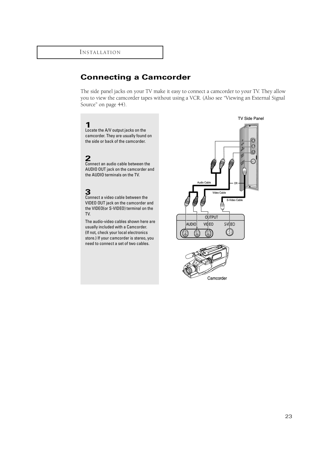 Samsung TX-P2670WH, TX-P2675WH, TX-P3071WH, TX-P3075WH, TX P2670WH, TX P3071WH, TX P3075WH manual Connecting a Camcorder 