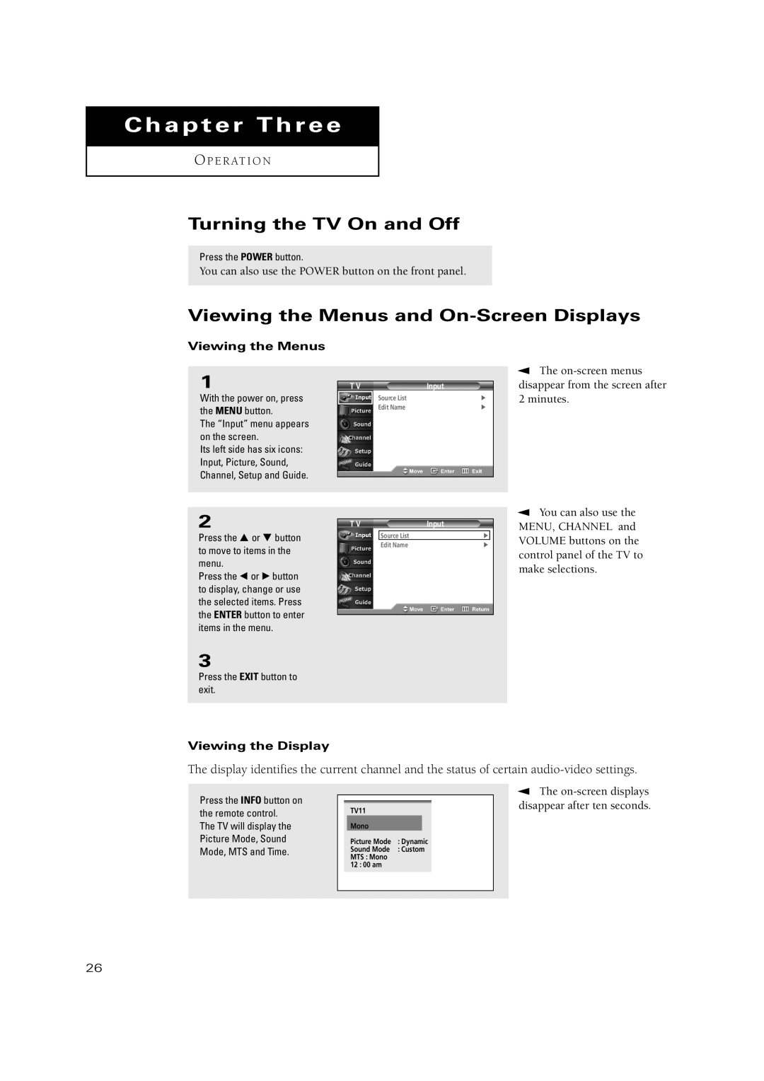 Samsung TX P3075WH, TX P2670WH Turning the TV On and Off, Viewing the Menus and On-Screen Displays, Viewing the Display 