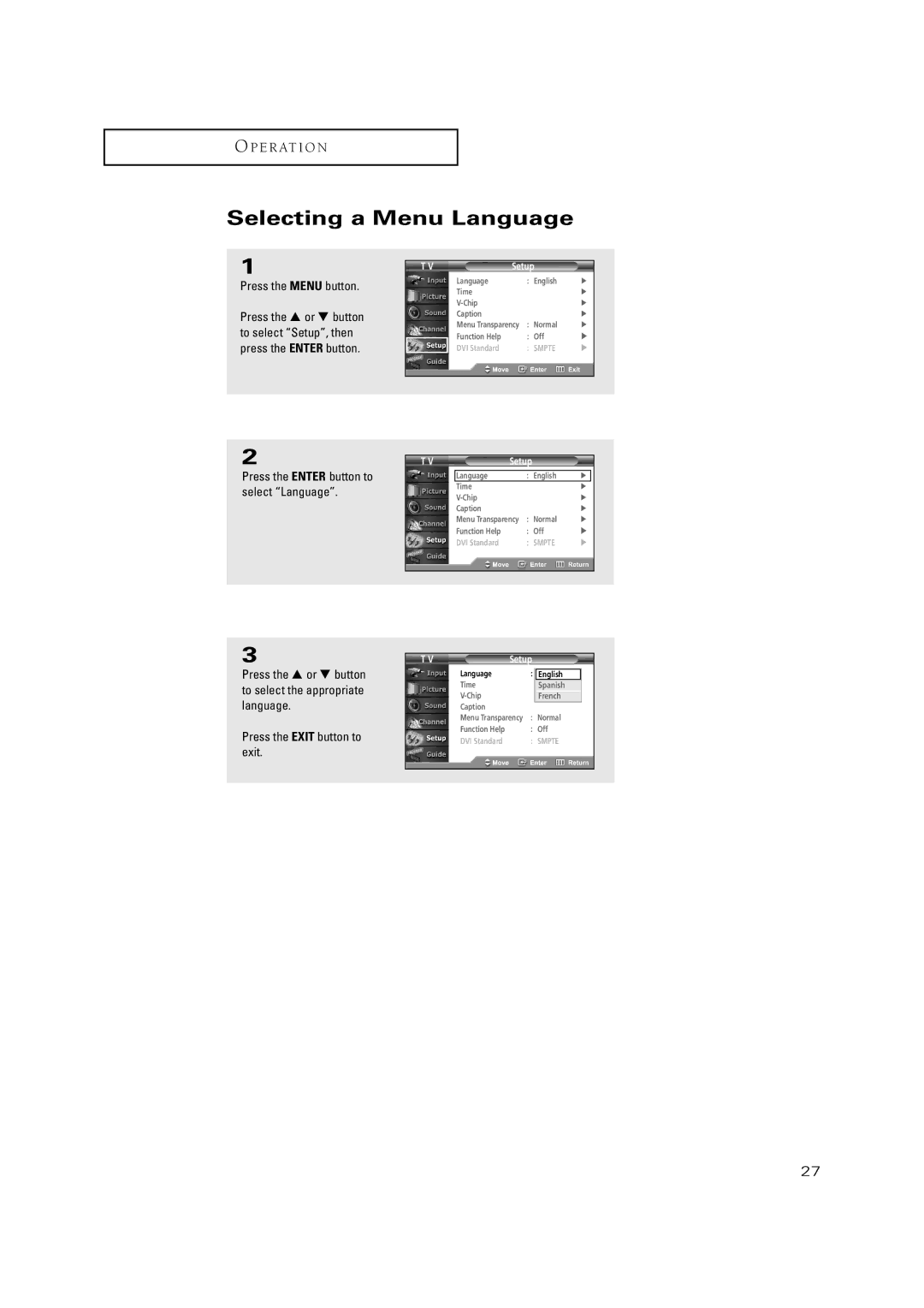 Samsung TX-P2670WH, TX-P2675WH, TX-P3071WH, TX-P3075WH, TX P2670WH manual Selecting a Menu Language, Press the Menu button 