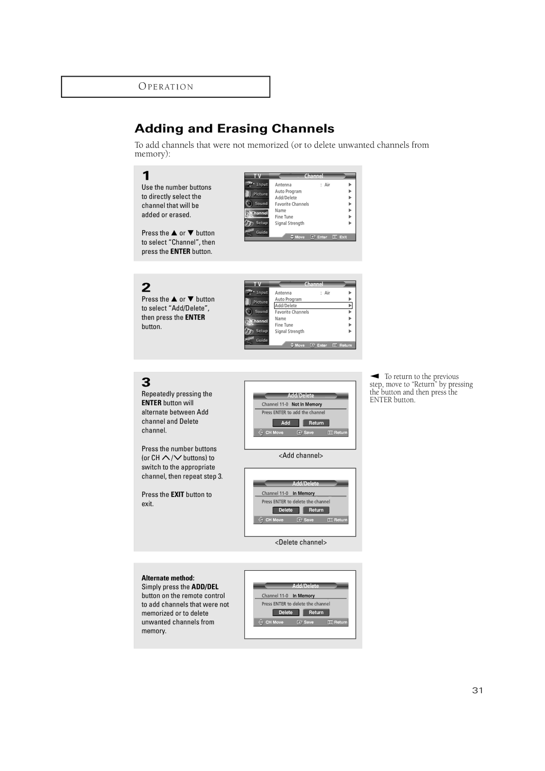 Samsung TX-P2670WH, TX-P2675WH, TX-P3071WH, TX-P3075WH manual Adding and Erasing Channels, Add channel, Delete channel 