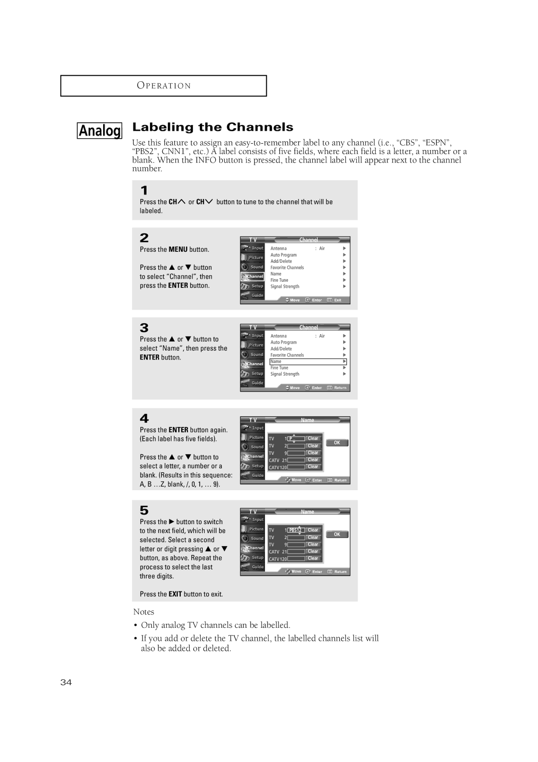 Samsung TX P3075WH, TX P2670WH, TX P3071WH, TX-P2670WH, TX-P2675WH, TX-P3071WH, TX-P3075WH Analog, Labeling the Channels 