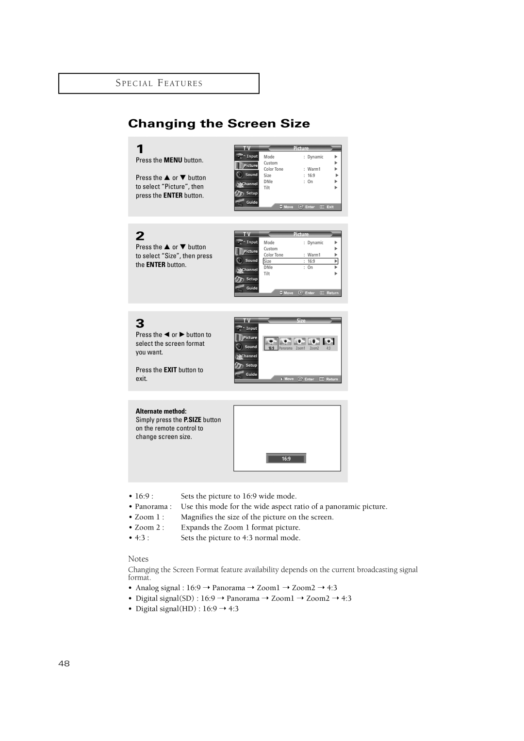 Samsung TX P2670WH, TX P3071WH, TX P3075WH, TX-P2670WH, TX-P2675WH, TX-P3071WH, TX-P3075WH manual Changing the Screen Size 