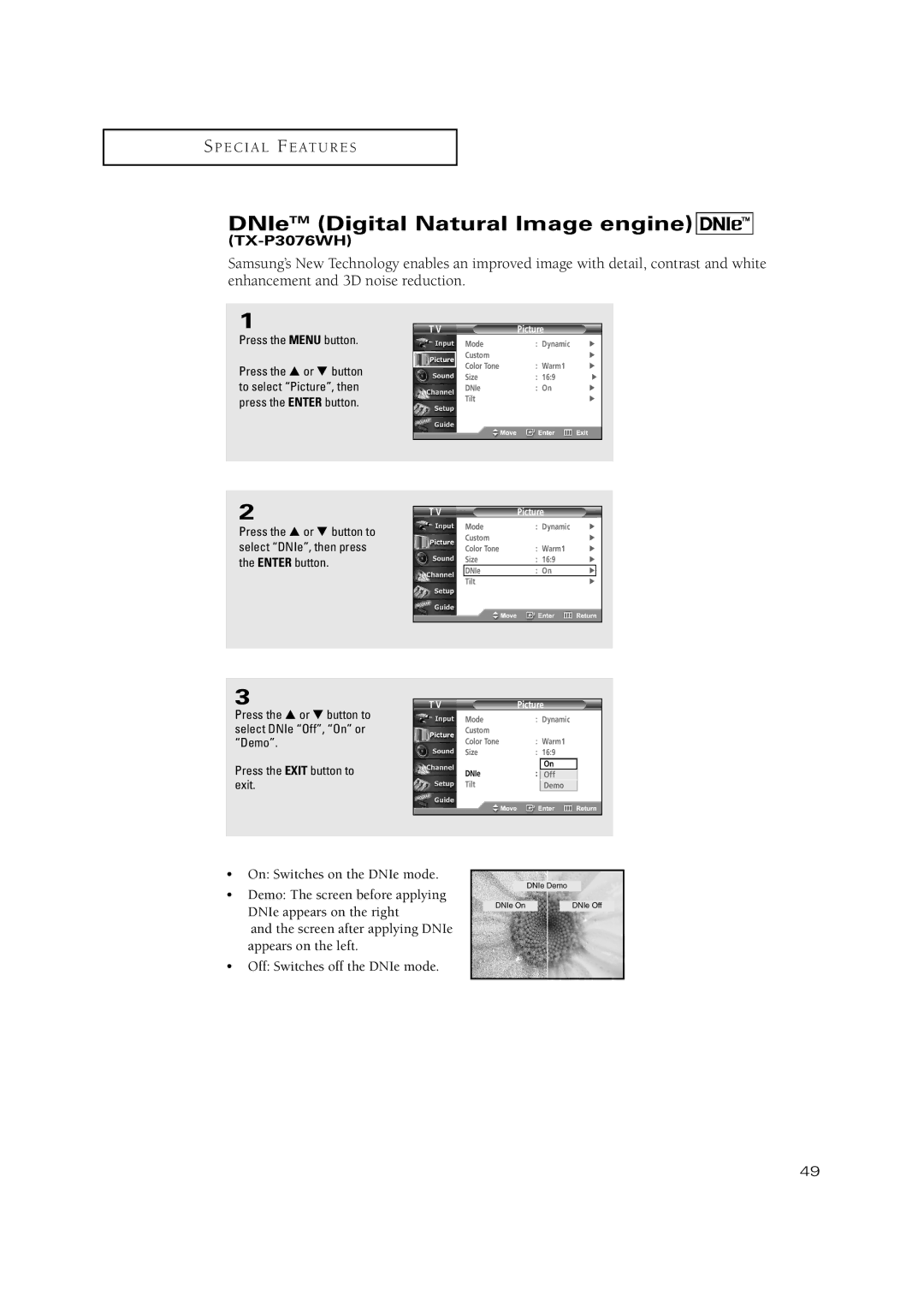 Samsung TX P3071WH, TX P2670WH, TX P3075WH manual DNIeTM Digital Natural Image engine, TX-P3076WH 