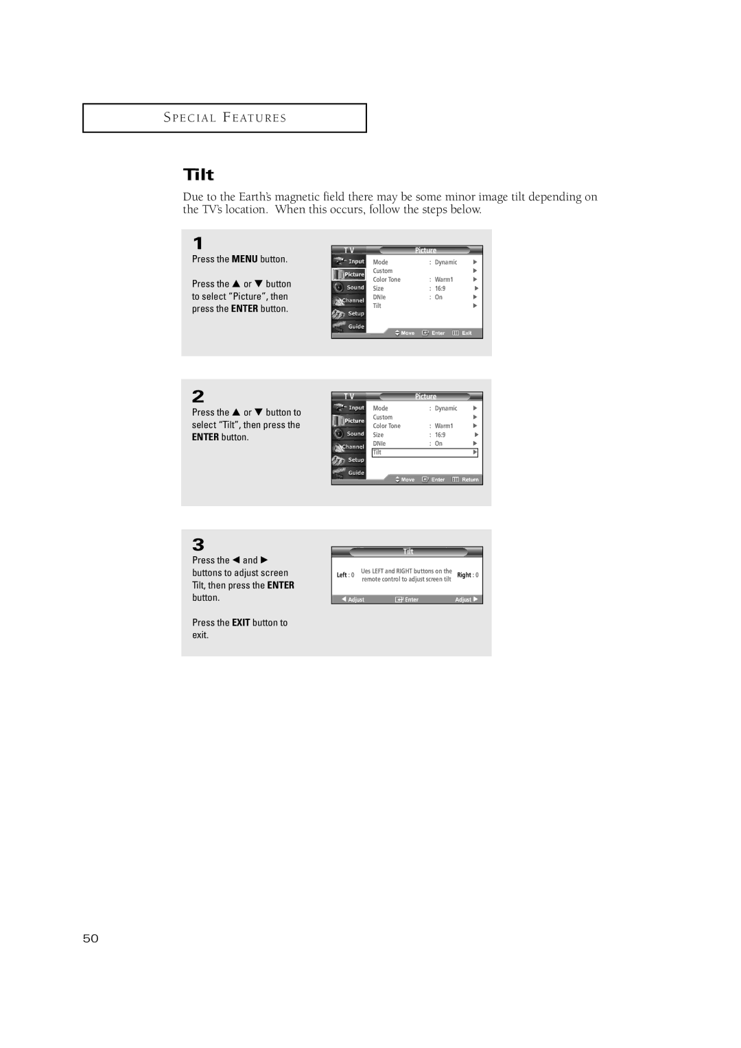 Samsung TX P3075WH, TX P2670WH, TX P3071WH, TX-P2670WH, TX-P2675WH, TX-P3071WH, TX-P3075WH manual Tilt 