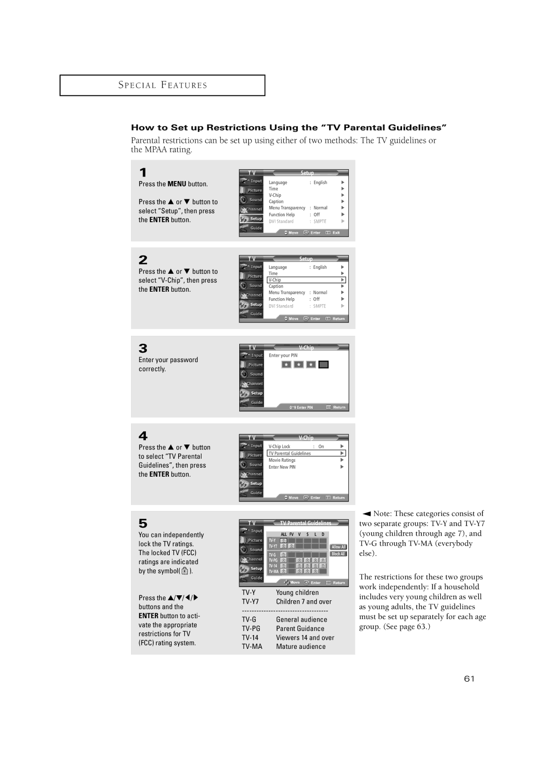 Samsung TX P3071WH, TX P2670WH, TX P3075WH manual How to Set up Restrictions Using the TV Parental Guidelines 