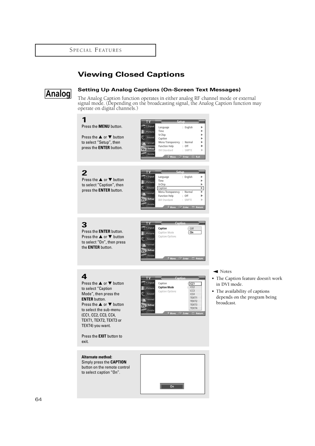 Samsung TX P2670WH, TX P3071WH, TX P3075WH manual Viewing Closed Captions, Setting Up Analog Captions On-Screen Text Messages 