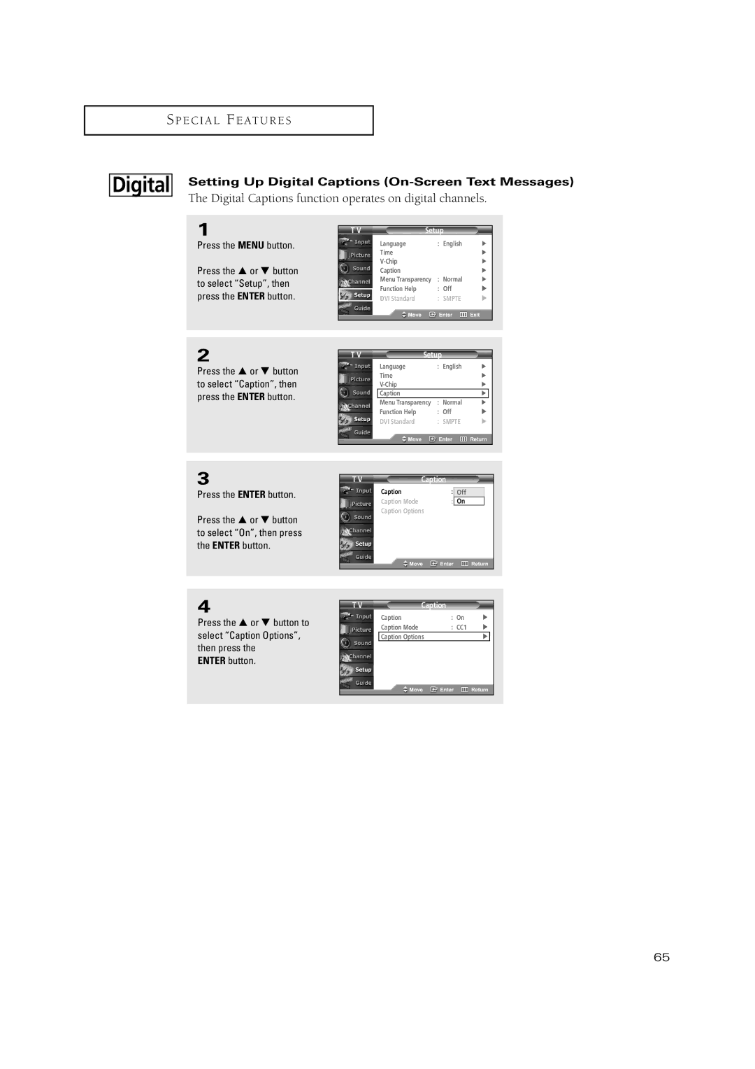 Samsung TX P3071WH, TX P2670WH, TX P3075WH manual Setting Up Digital Captions On-Screen Text Messages, Press the Enter button 