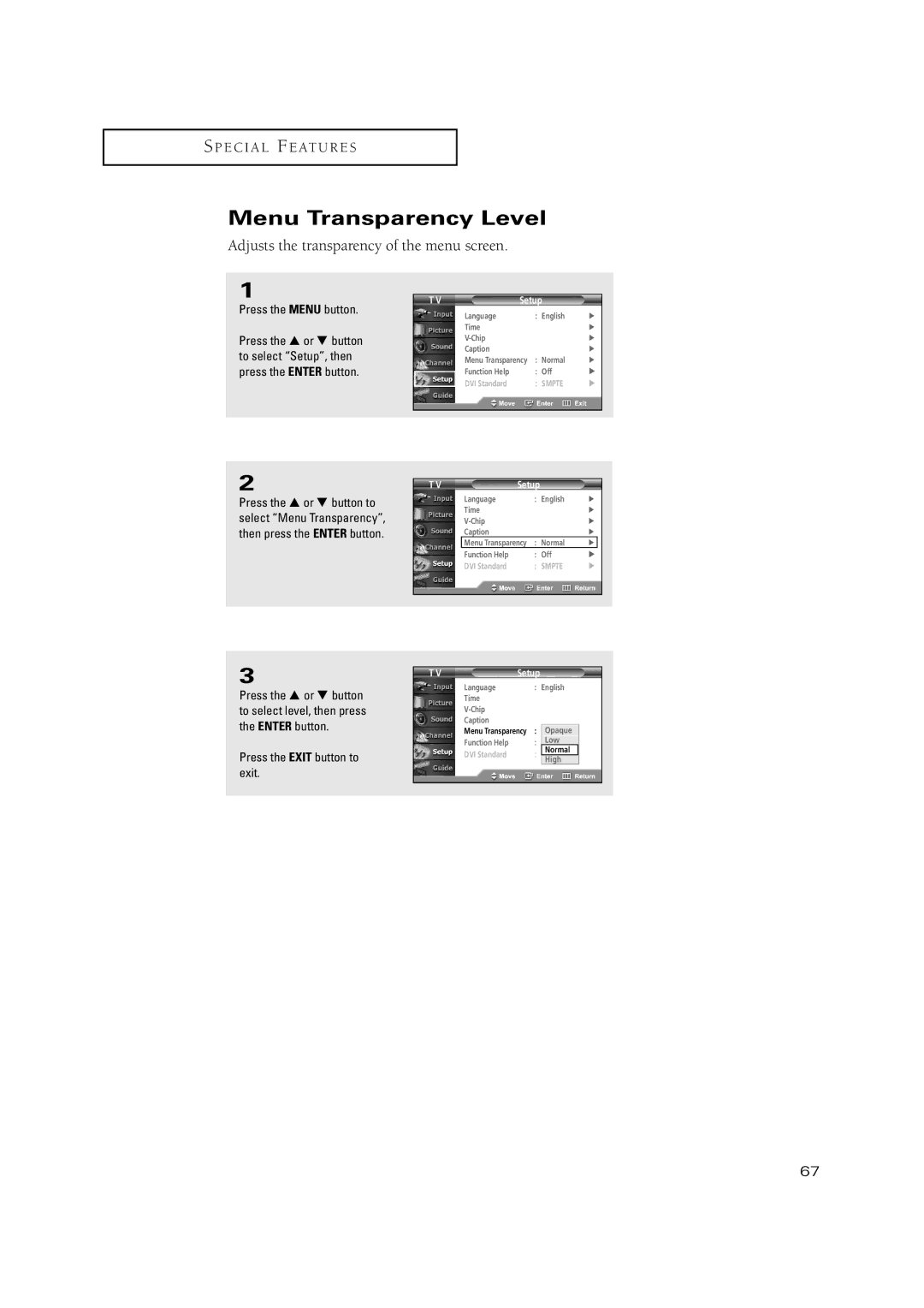 Samsung TX-P2670WH, TX-P2675WH, TX-P3071WH, TX-P3075WH, TX P2670WH, TX P3071WH, TX P3075WH manual Menu Transparency Level 