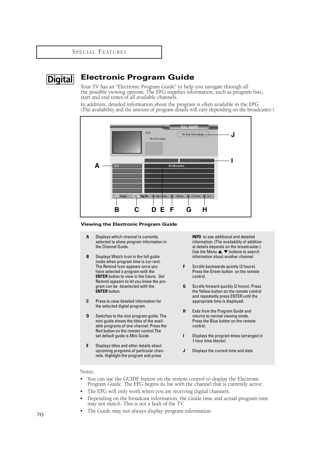 Samsung TX P3075WH, TX P2670WH, TX P3071WH manual Electronic Program Guide, D E F G H 