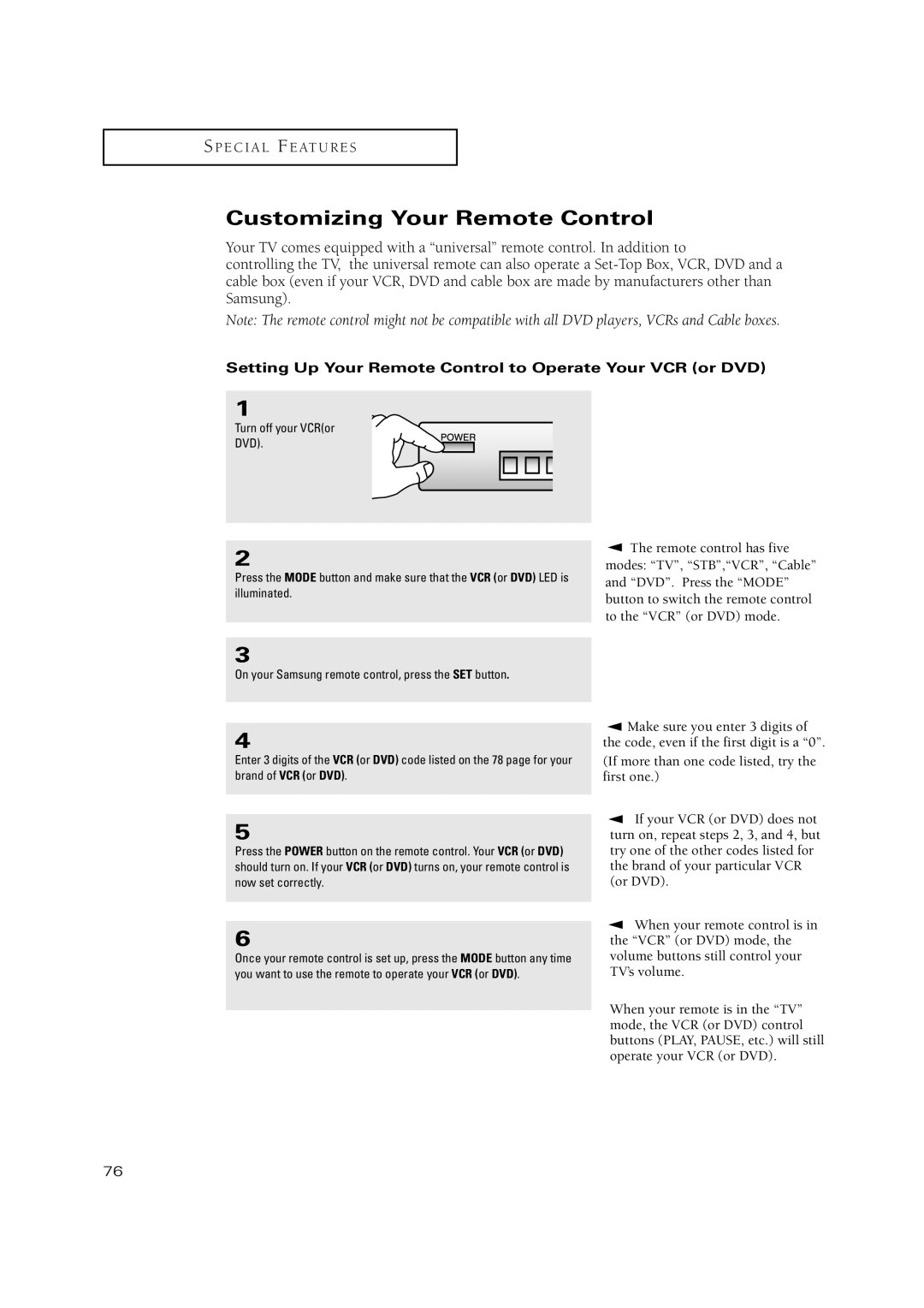 Samsung TX P2670WH, TX P3071WH Customizing Your Remote Control, Setting Up Your Remote Control to Operate Your VCR or DVD 