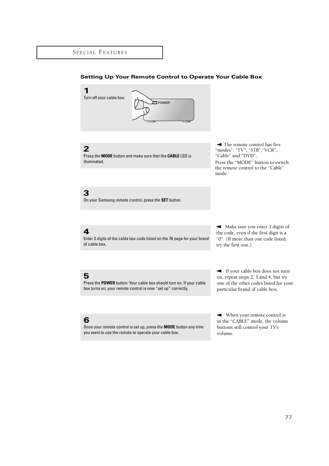 Samsung TX P3071WH, TX P2670WH, TX P3075WH manual Setting Up Your Remote Control to Operate Your Cable Box 