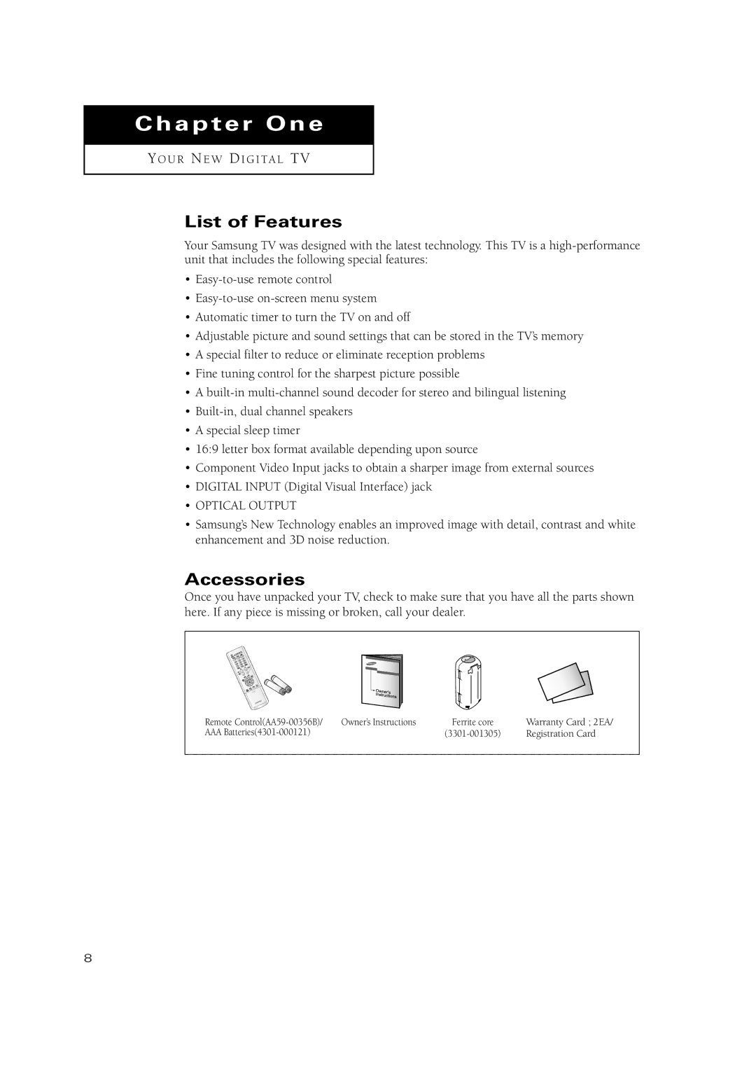 Samsung TX P2670WH, TX P3071WH, TX P3075WH, TX-P2670WH, TX-P2675WH, TX-P3071WH, TX-P3075WH List of Features, Accessories 